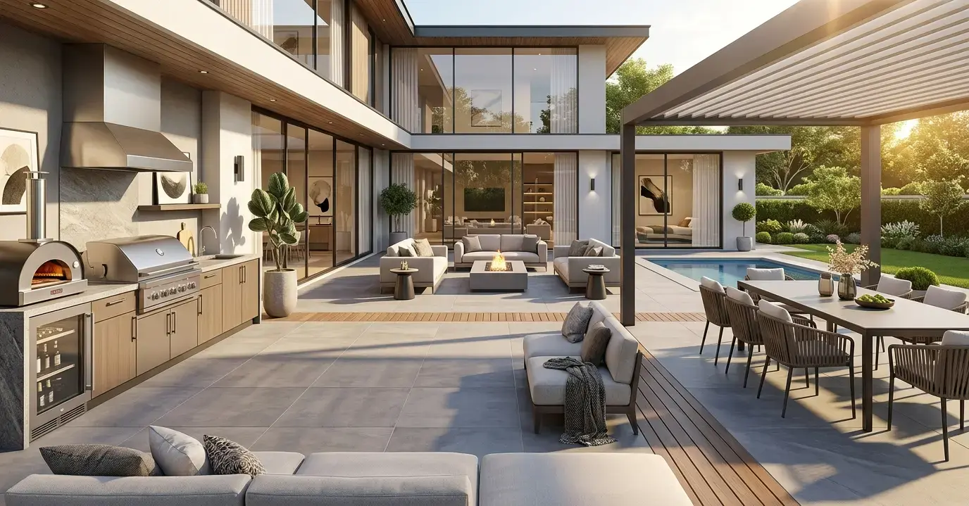 Conceptual rendering of a best pavers patio seating area.
