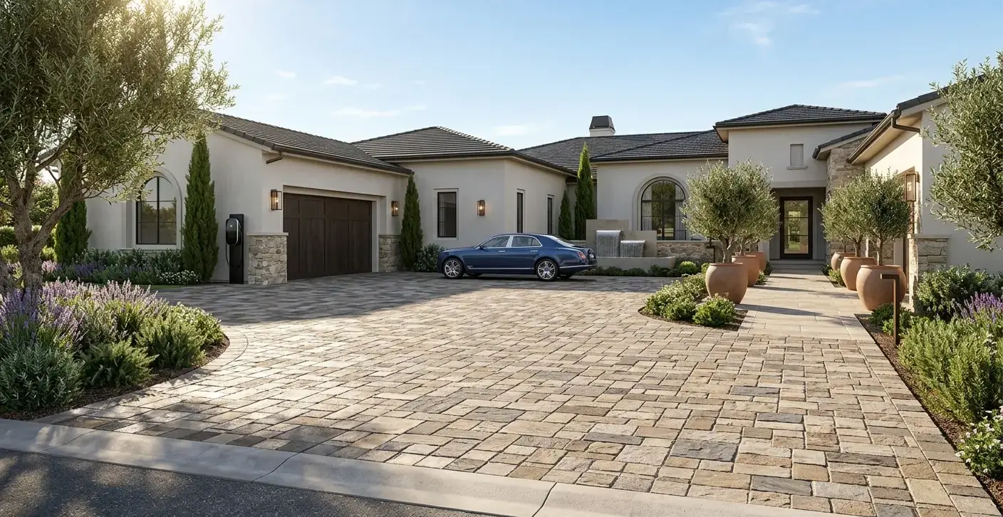 Conceptual rendering of a best pavers driveway in full sun.