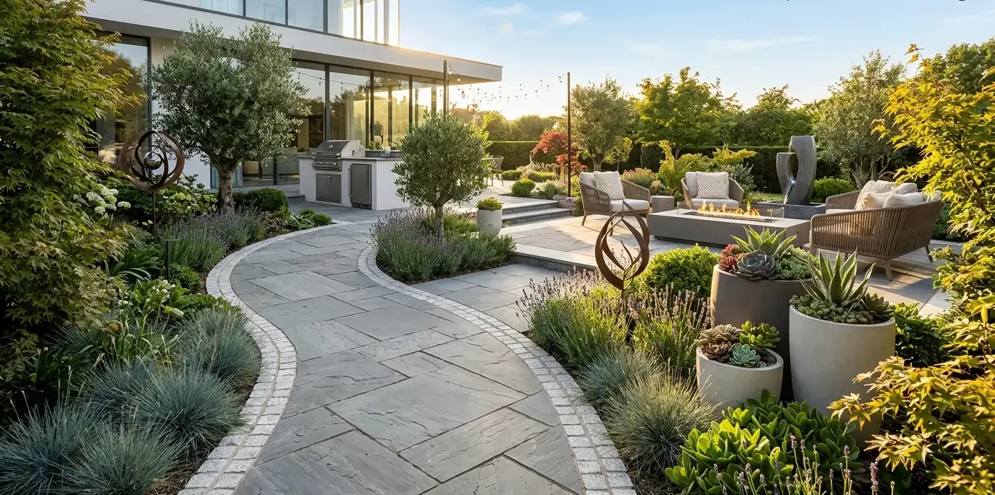 Conceptual rendering of a hardscaping garden pathway with stone edging.