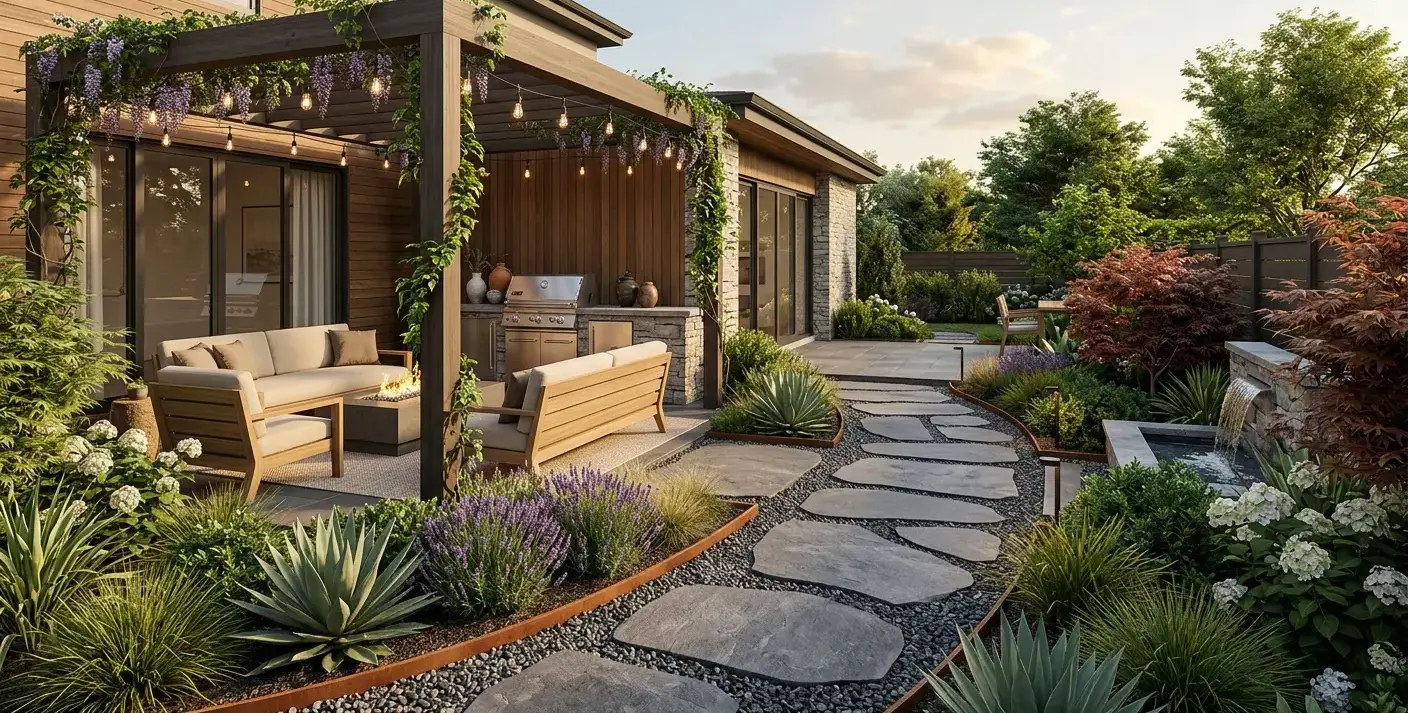 Conceptual rendering of a hardscaping design for a small backyard walkway.
