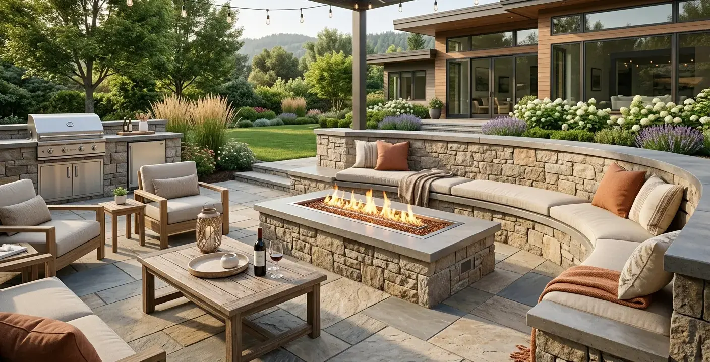 Conceptual rendering of a hardscaping fire feature seating wall.
