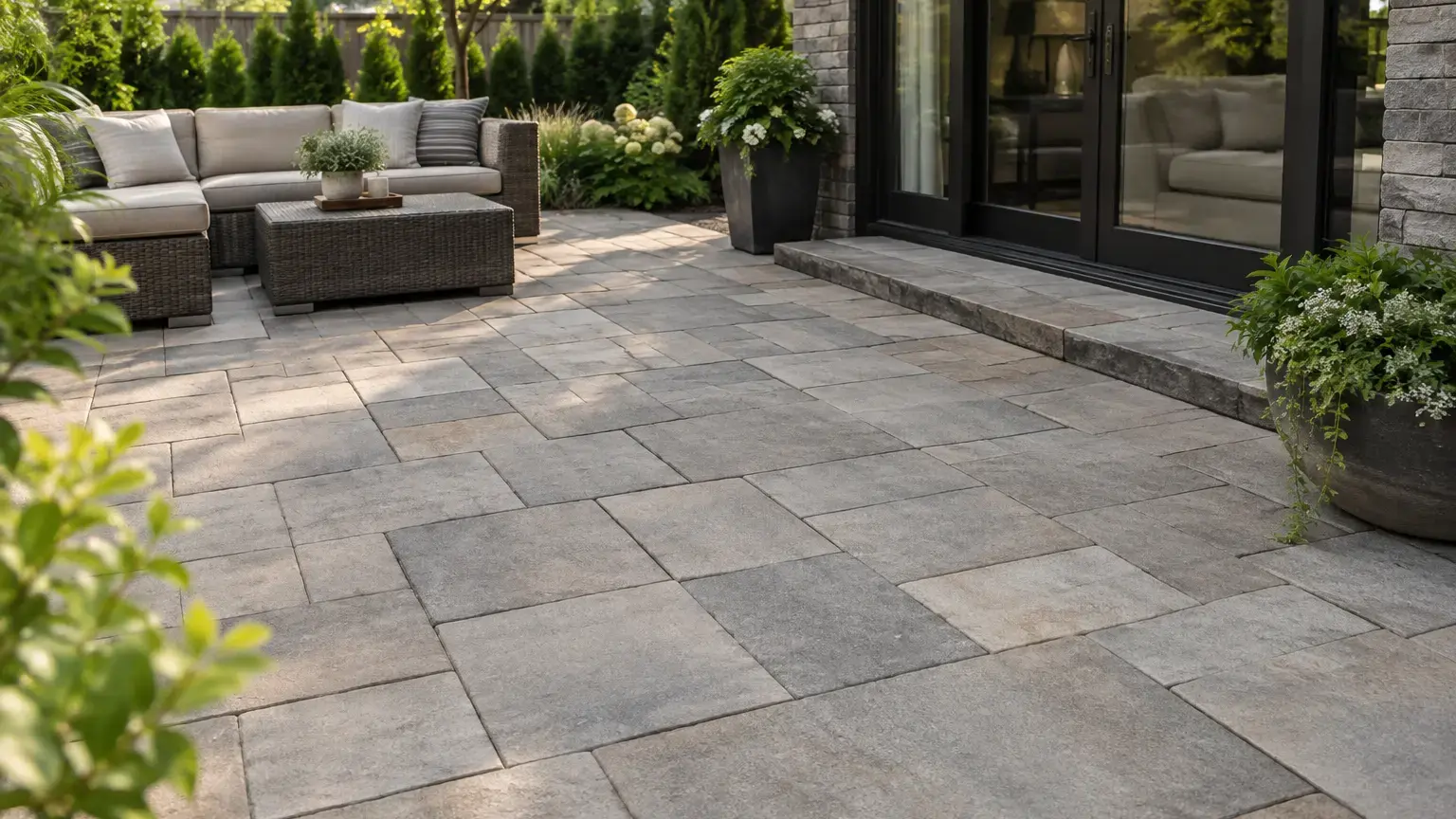 Conceptual rendering of natural stone pavers installed on a landscaped outdoor patio.