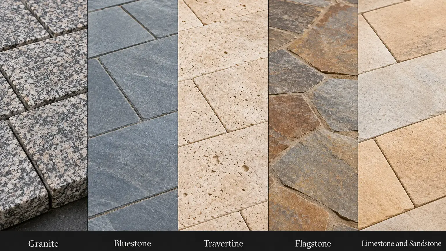 Conceptual rendering of granite, bluestone, travertine, flagstone, limestone and sandstone as shown in side by side comparison.