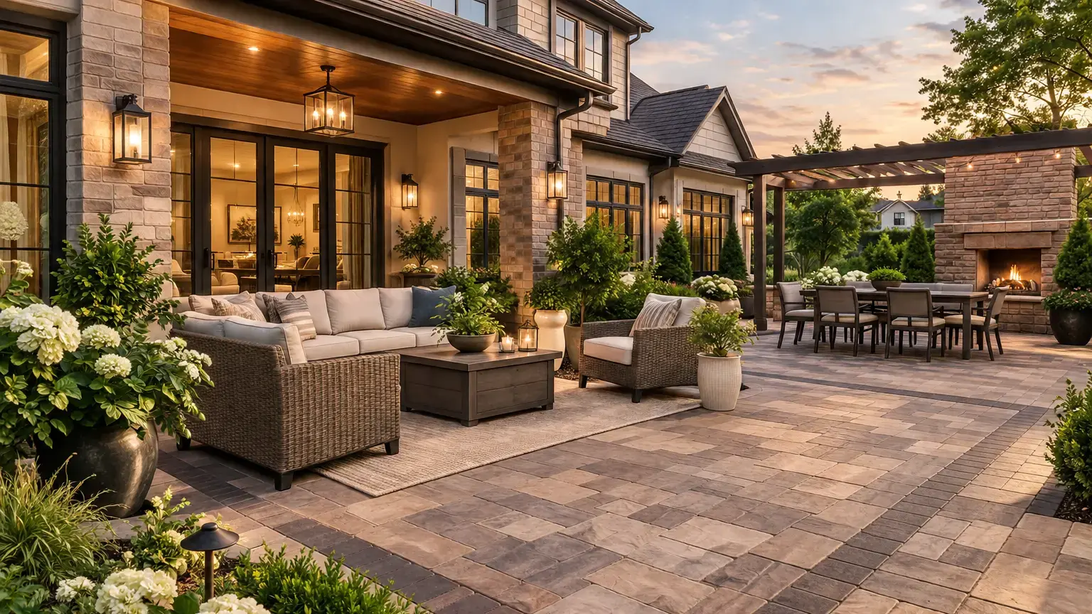 Conceptual rendering of luxury patio with warm-toned pavers and outdoor fireplace.