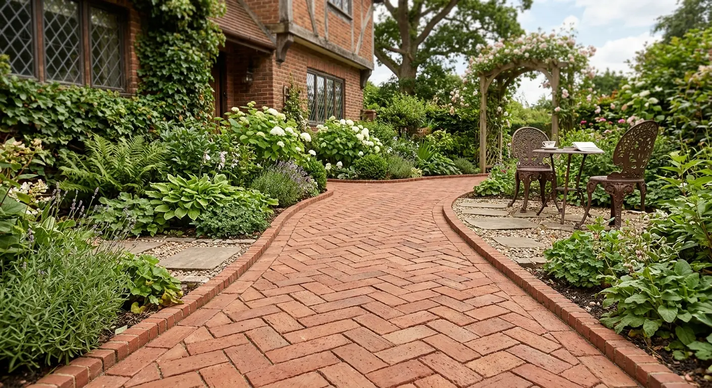Conceptual rendering of herringbone paver in patio walkway.