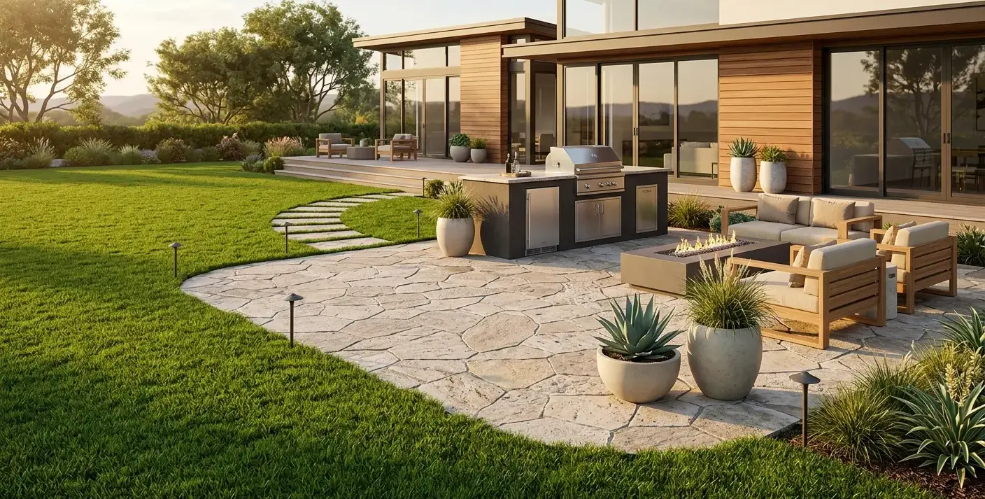 Conceptual rendering of a Hardscape vs Softscape stone patio bordered by lawn.