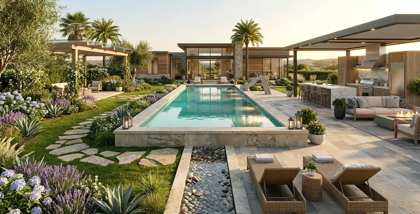 Conceptual rendering of a Hardscape vs Softscape pool deck with stone surround.