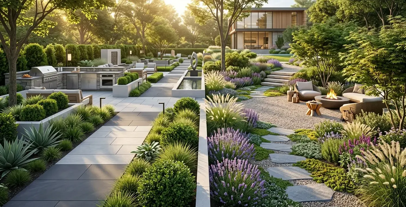 Conceptual rendering of a Hardscape vs Softscape garden path through planting beds.