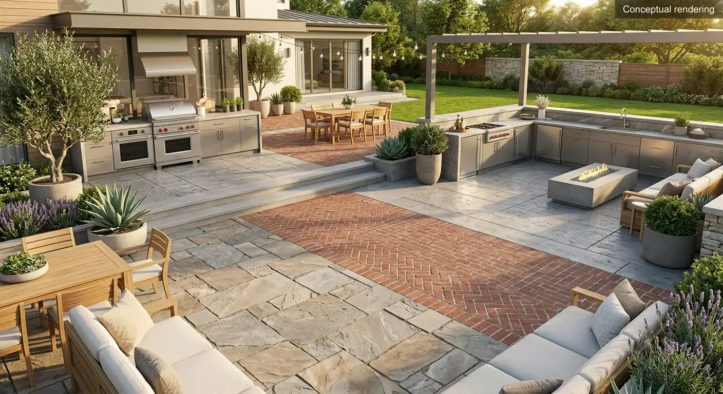 Conceptual rendering of a multi-level backyard patio with mixed flagstone and herringbone brick hardscape, outdoor kitchens, fire pit lounge, and pergola.