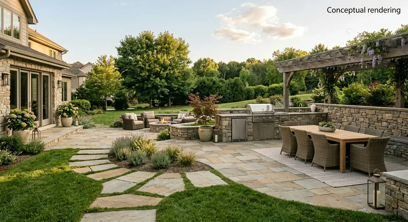 Conceptual rendering of a backyard patio with irregular flagstone hardscape, fire pit lounge, stone outdoor kitchen, and pergola dining area.