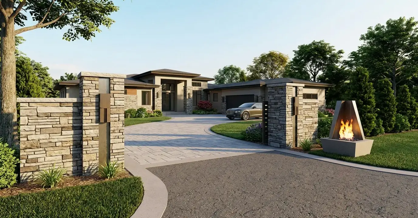 Conceptual rendering of a stacked stone driveways pillar design.