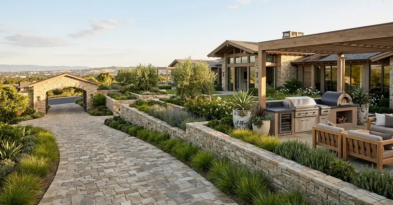 Conceptual rendering of a stacked stone driveways garden wall.