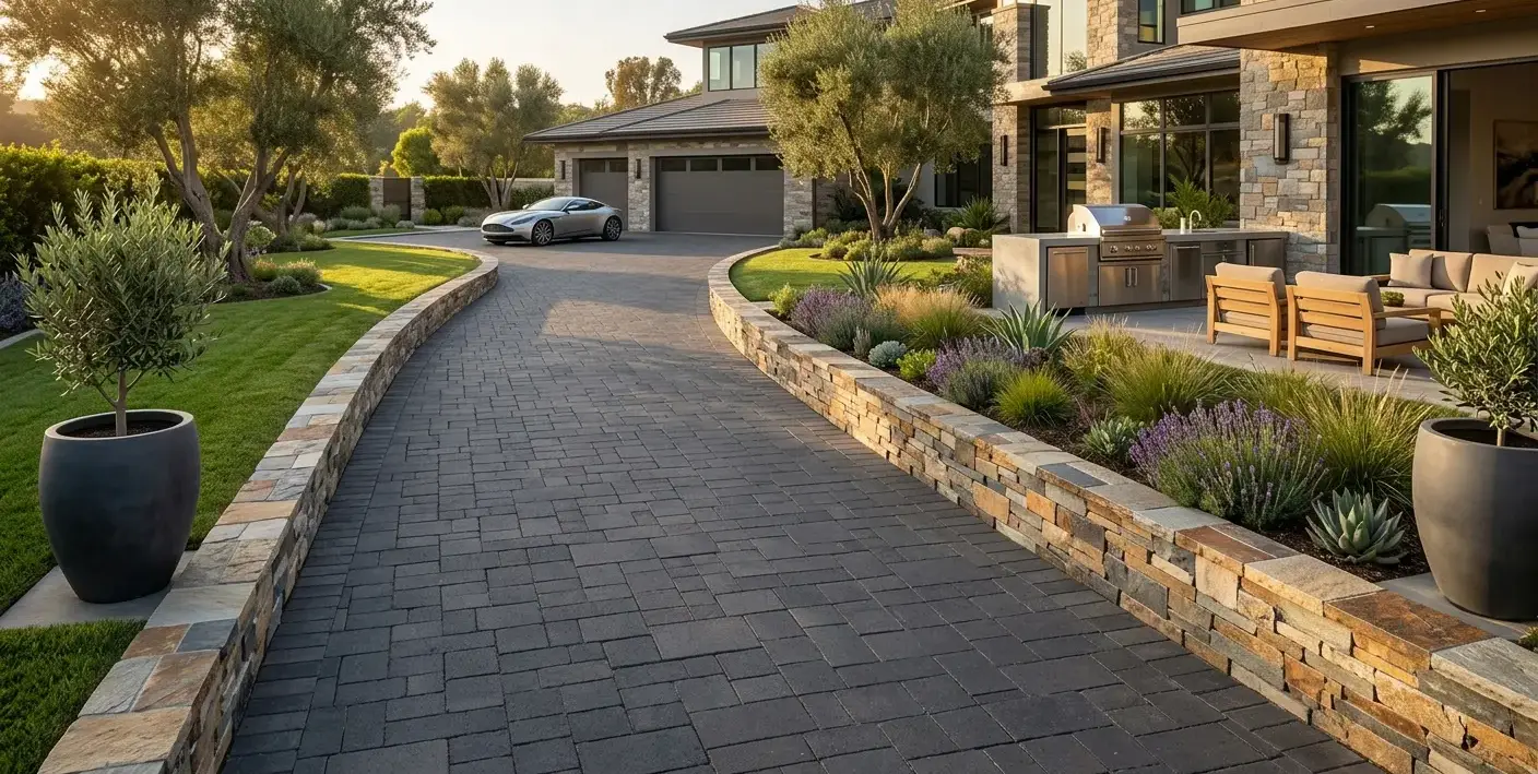 Conceptual rendering of a stacked stone driveways border accent .
