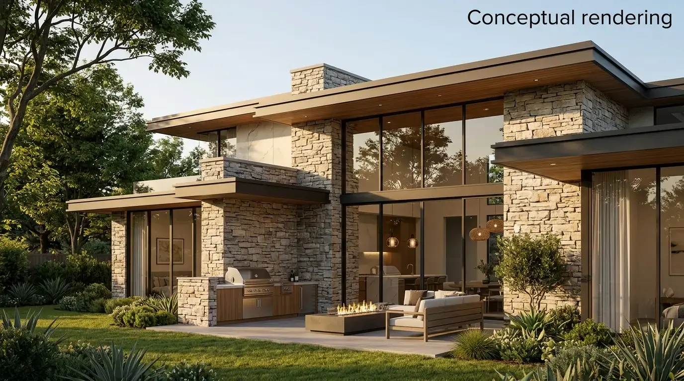 Conceptual rendering of stacked stone in exterior facade.