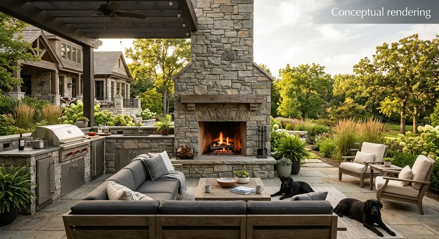 Conceptual rendering of stacked stone in outdoor fireplace.