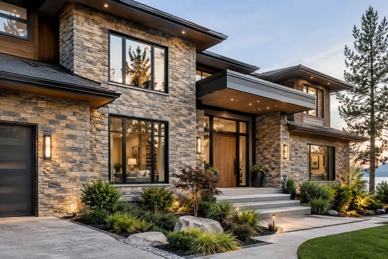 Conceptual rendering of stacked stone in home facade.