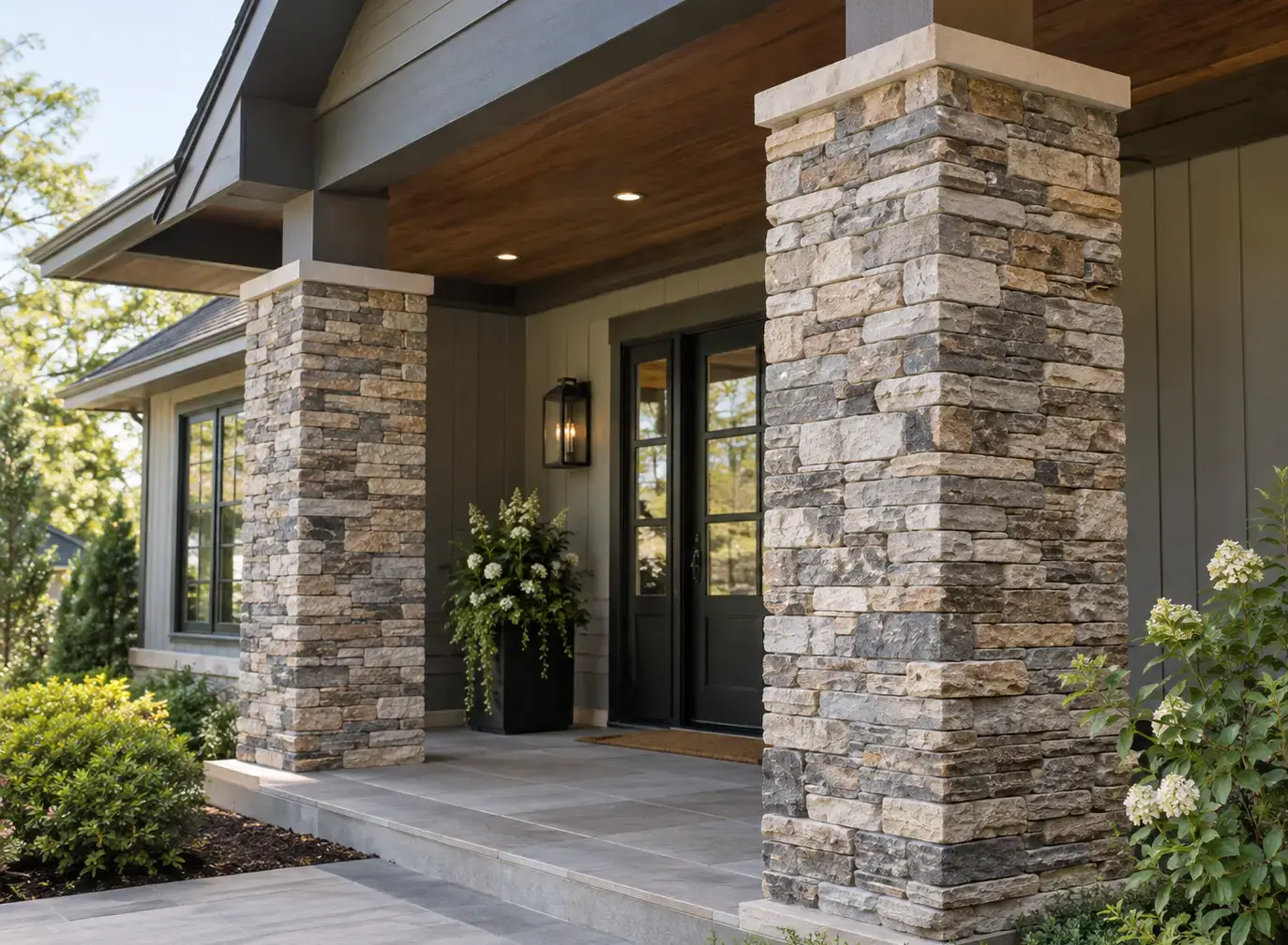 Conceptual rendering of stacked stone porch columns on a modern home.