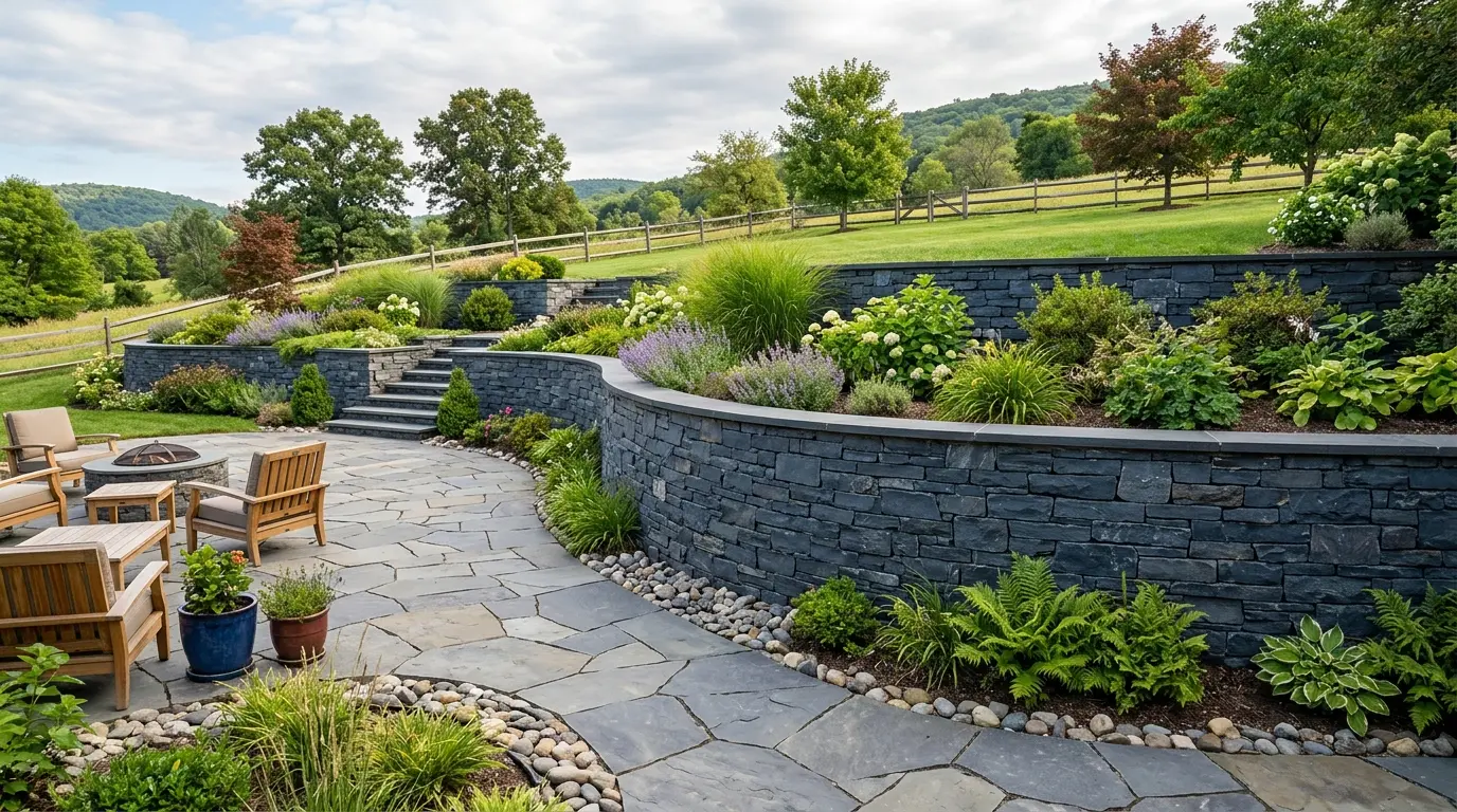 Conceptual rendering of backyard hardscape featuring stacked slate retaining walls, a flagstone patio, and lush garden greenery.