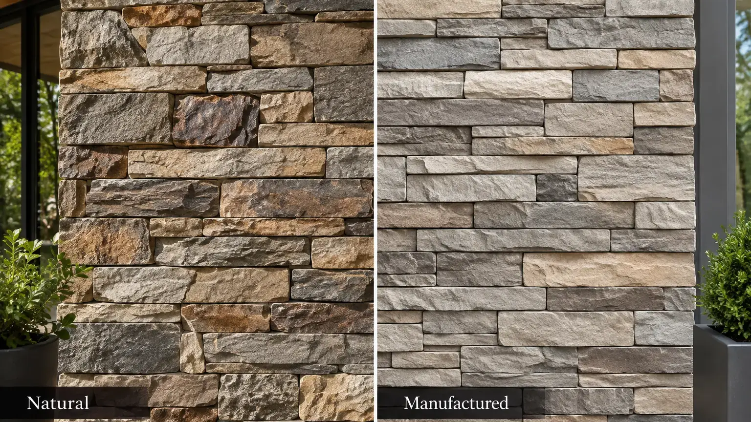 Conceptual rendering of natural and manufactured stacked stone side by side.
