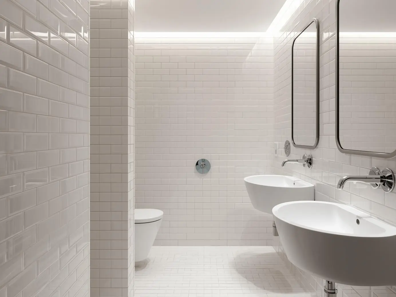 Interior design of modern washrooms with white porcelain subway tiles.