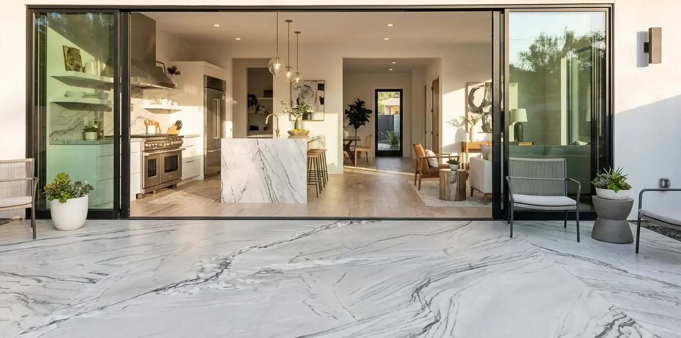 Conceptual rendering of a quartzite exterior stone patio flowing into a waterfall-edge kitchen island through wide glass pocket doors.