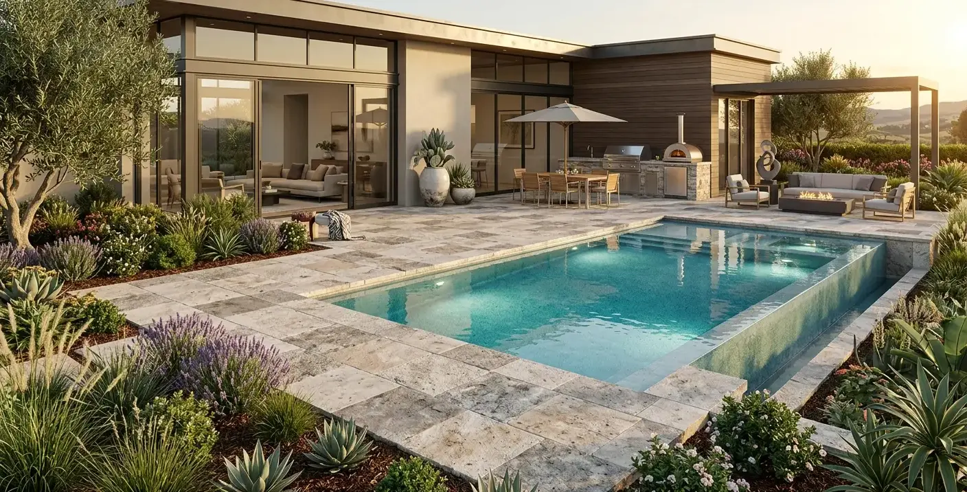 Conceptual rendering of a stone pavers pool deck surrounded by landscaping.
