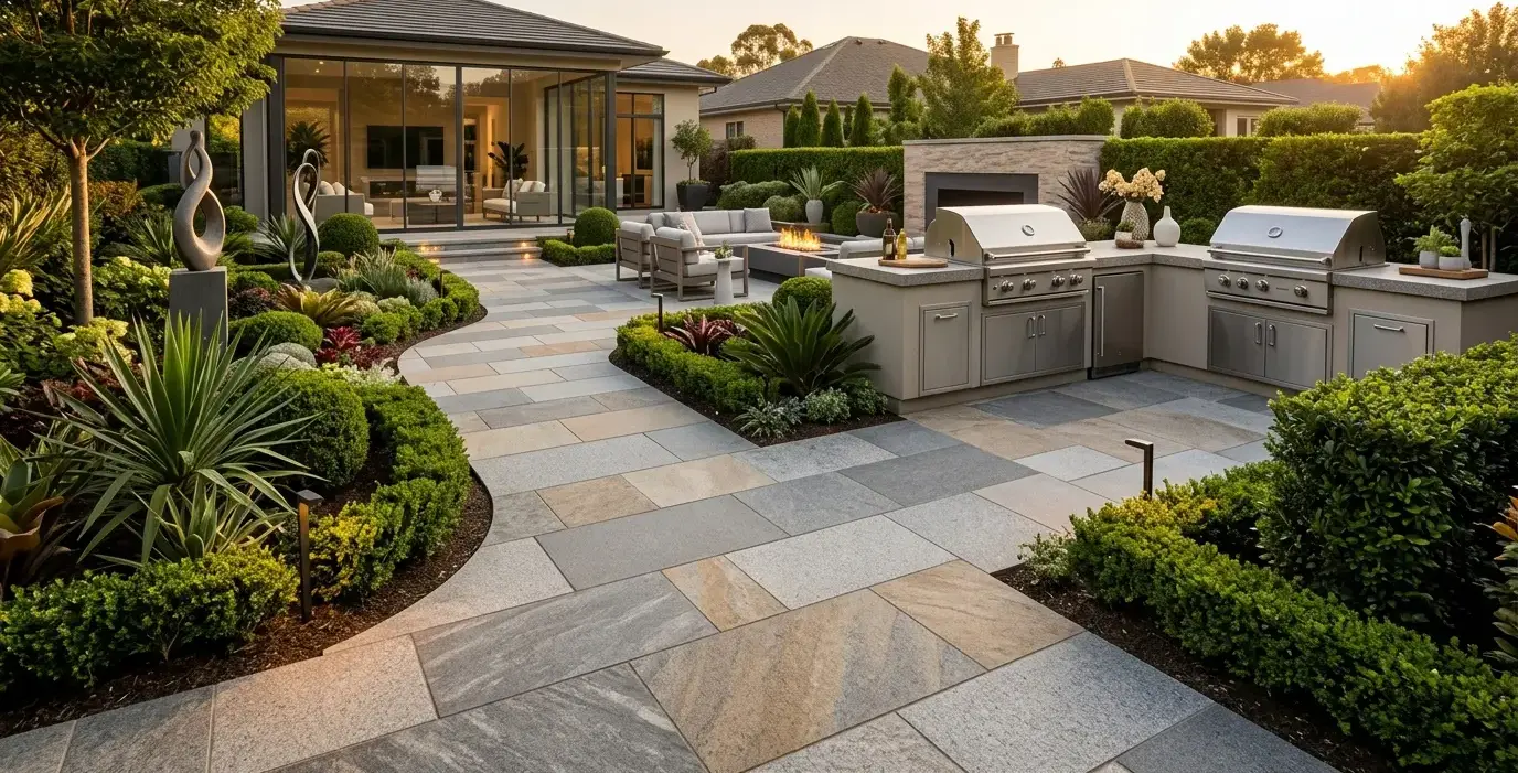 Conceptual rendering of granite pavers used along a garden walkway.