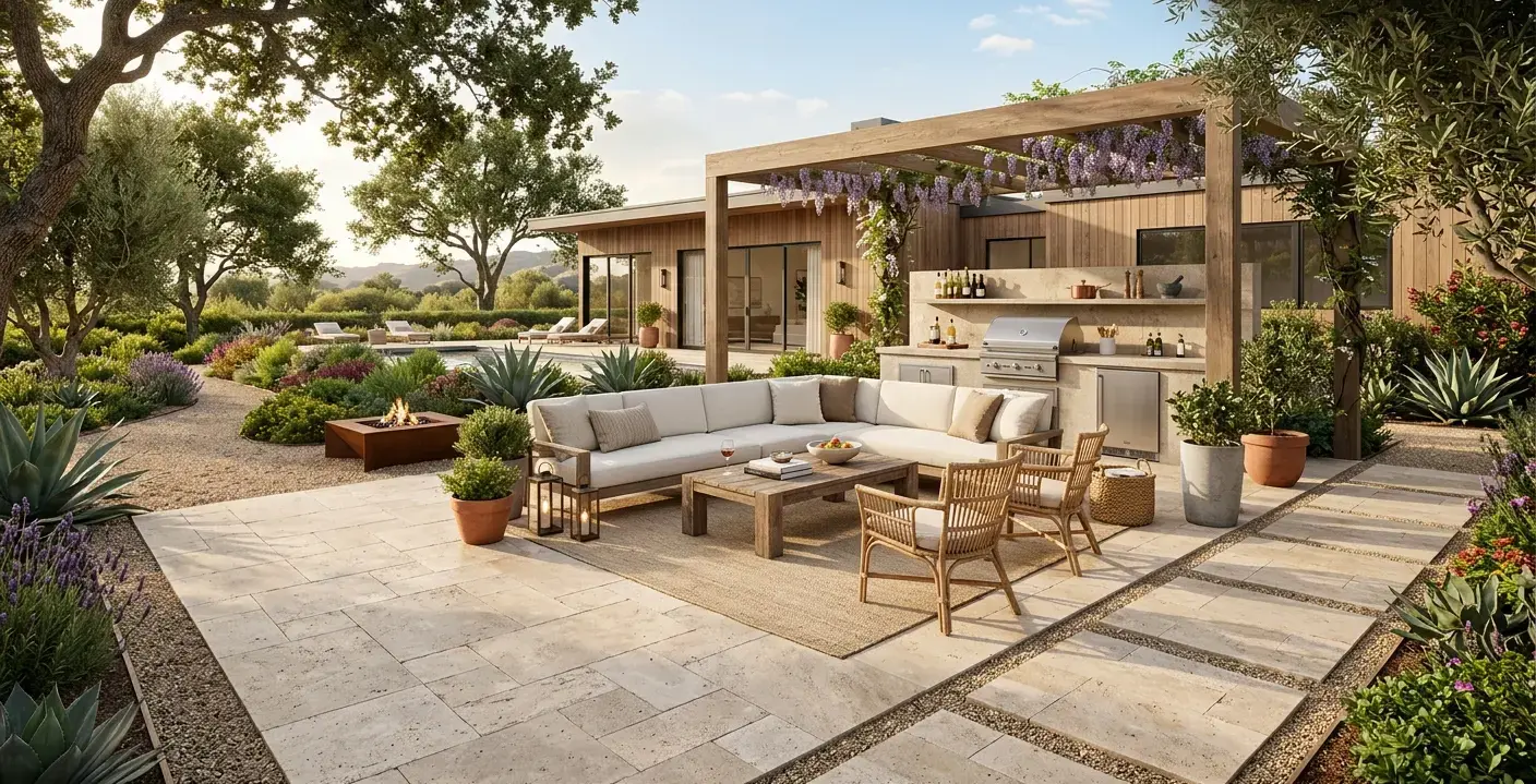 Conceptual rendering of travertine pavers framing an outdoor patio seating area.