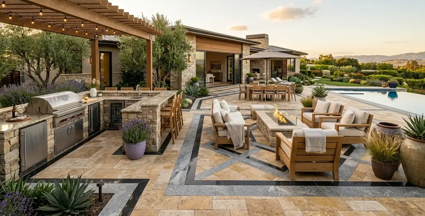 Conceptual rendering of a paver design patio with travertine and granite accents.
