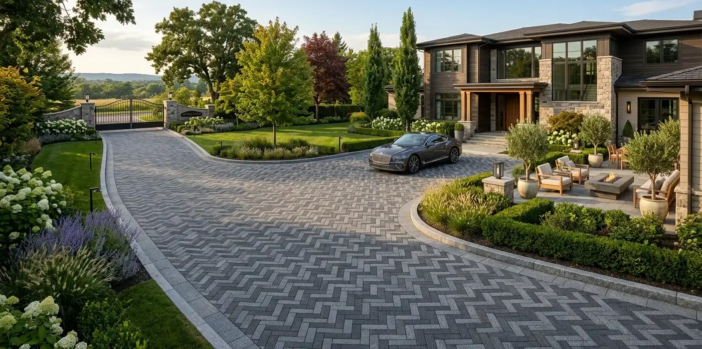 Conceptual rendering of a paver design driveway with granite herringbone pattern.