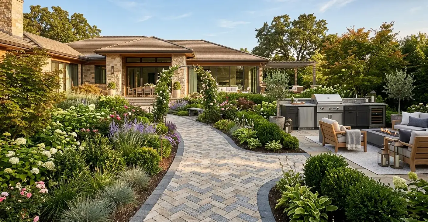 Conceptual rendering of a paver design walkway bordered by garden planting.