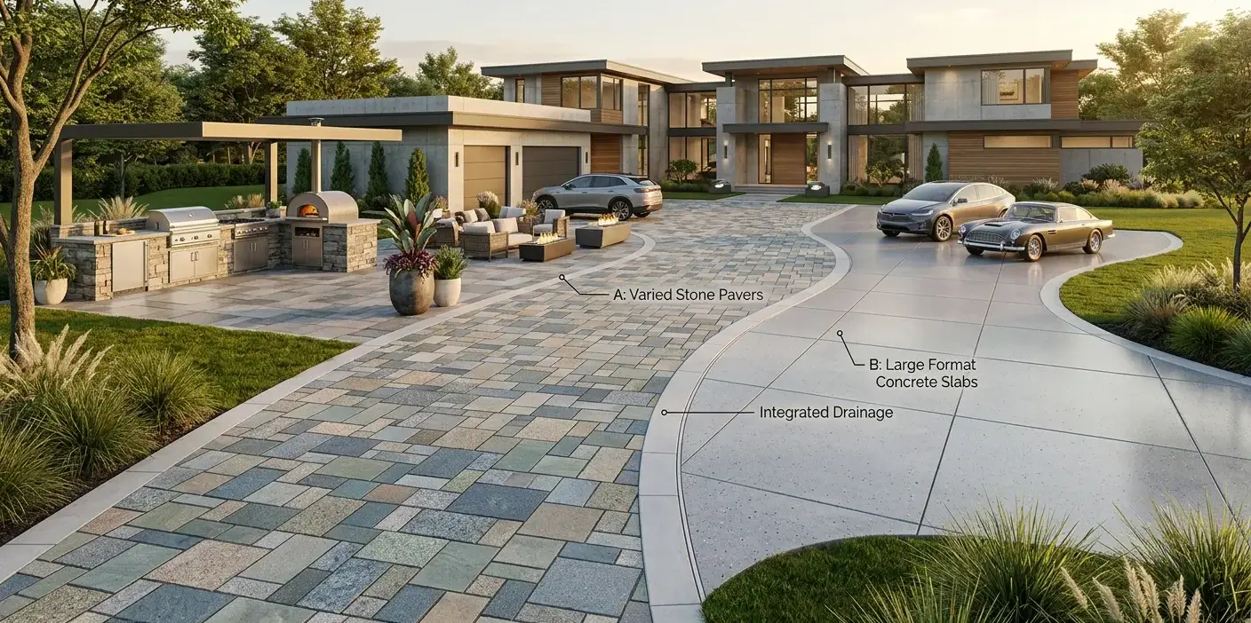 Conceptual rendering of a concrete vs stone pavers driveway layout.