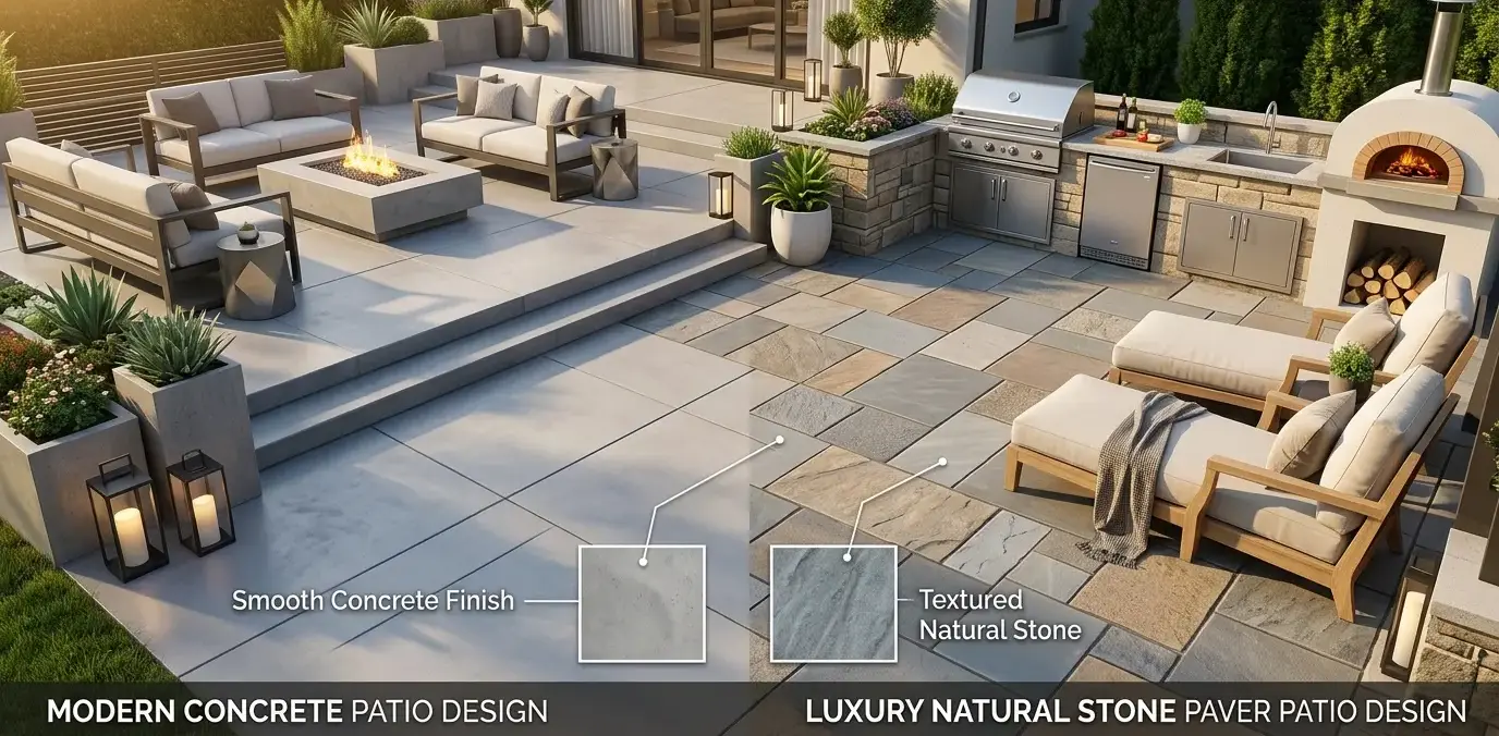 Conceptual rendering of a concrete vs stone pavers patio design.
