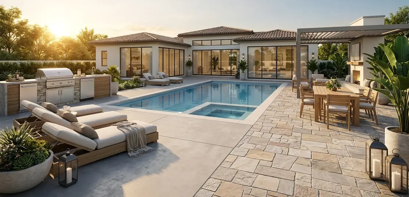Conceptual rendering of a concrete vs stone pavers pool deck.