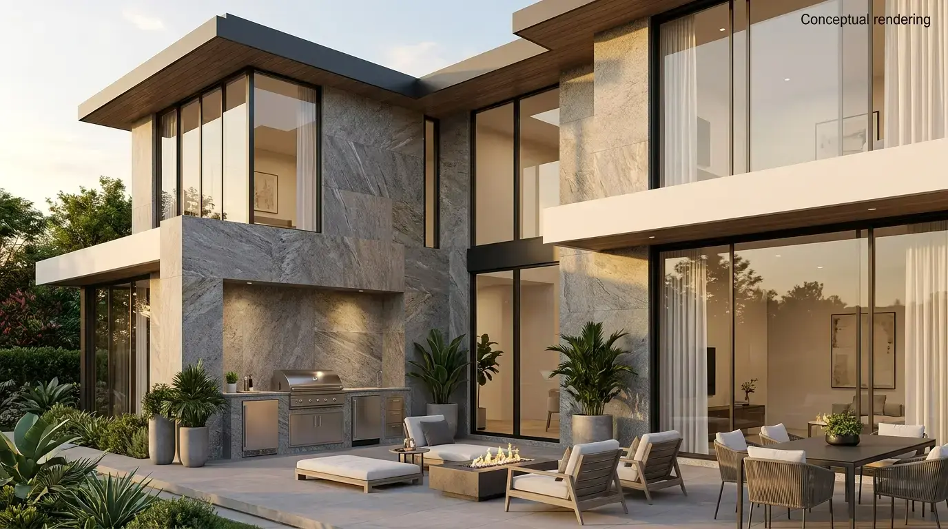 Conceptual rendering of a grey granite stone exterior with a matching outdoor kitchen and fire pit patio.