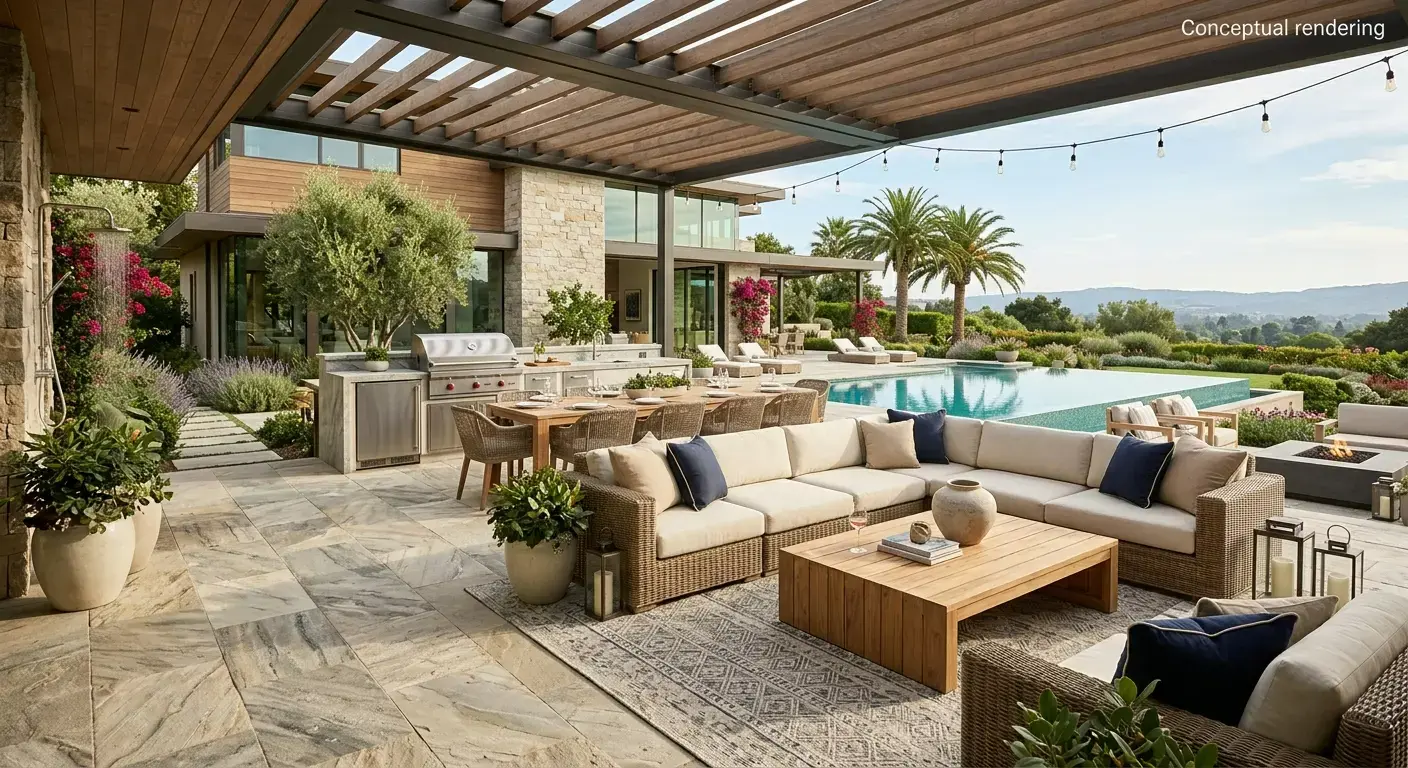 Conceptual rendering of a quartzite patio and outdoor kitchen surround with a pergola-covered lounge, pool, and hillside view.