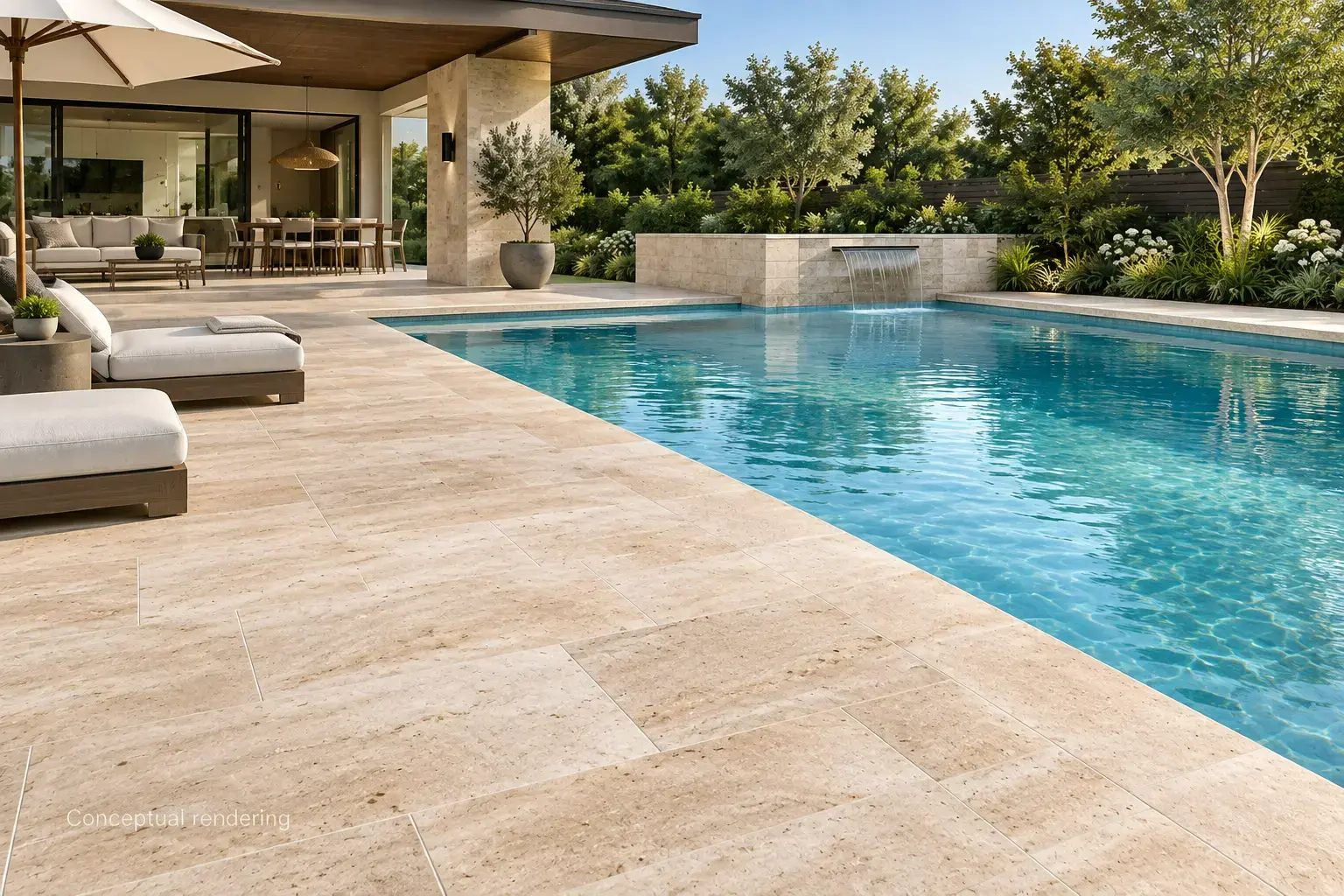 Conceptual rendering of travertine pool decking and water feature wall in a landscaped backyard.