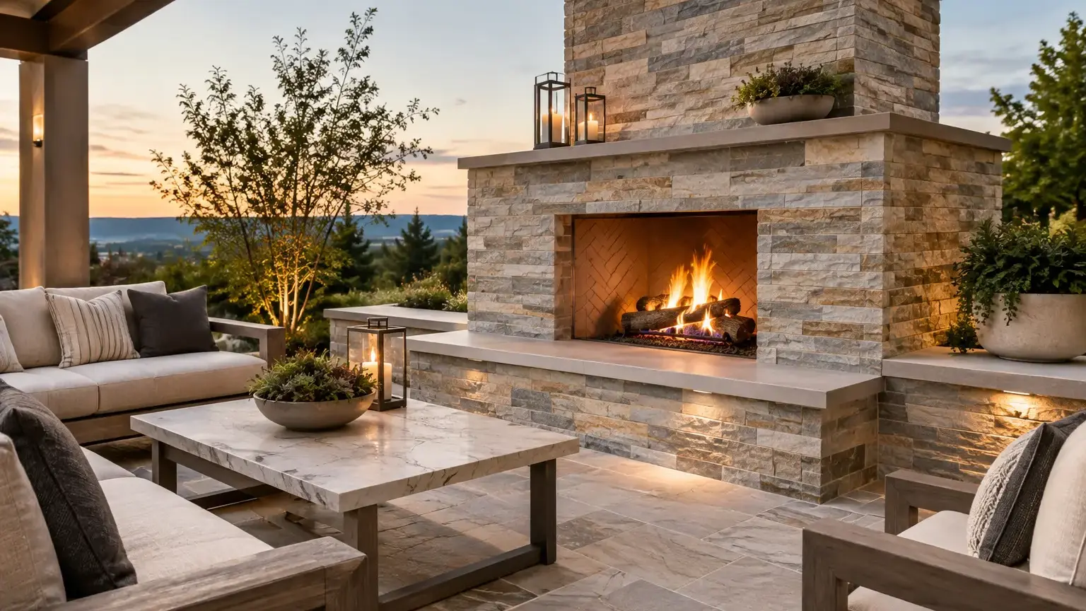 Conceptual rendering of outdoor fireplace with quartzite ledger stone on a patio.