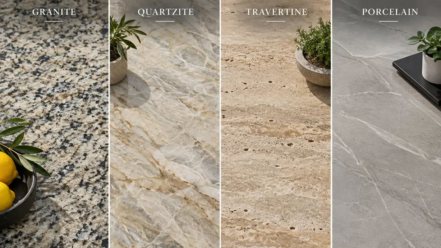 Conceptual rendering of granite, quartzite, travertine, and porcelain stone surfaces side by side.