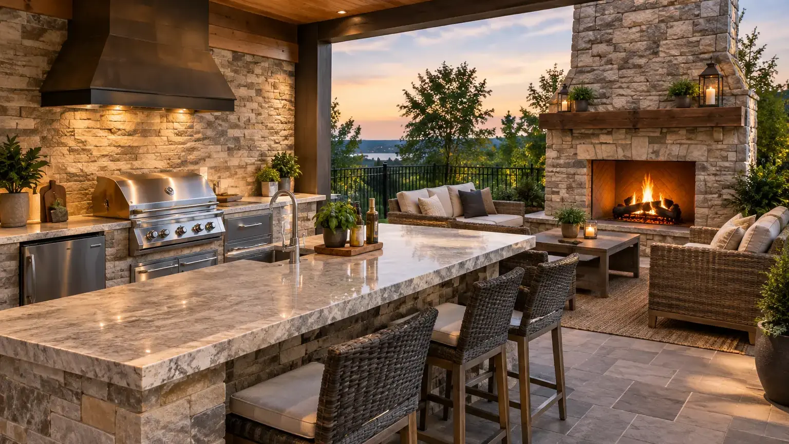 Conceptual rendering of luxury outdoor kitchen and stone fireplace on a covered patio.