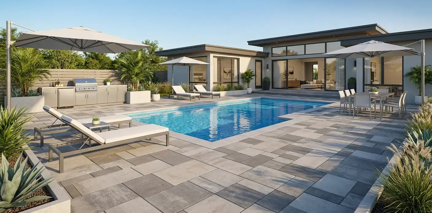 Conceptual rendering of an affordable paver pool deck.