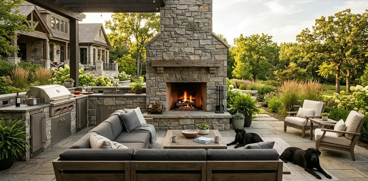 Conceptual rendering of a backyard patio with a tall stacked stone fireplace, outdoor kitchen, lounge seating, and two dogs resting nearby.