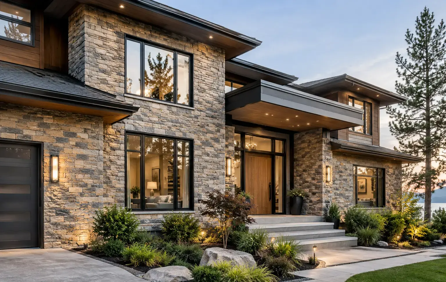 Conceptual rendering of a modern home exterior. Stacked stone veneer walls, dark-framed windows, wood accents, and a covered entryway with steps leading through landscaped gardens.