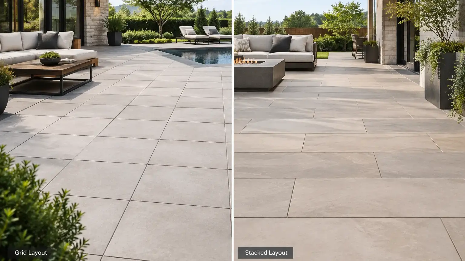 Conceptual rendering of grid and stacked paver layouts in a modern outdoor patio.