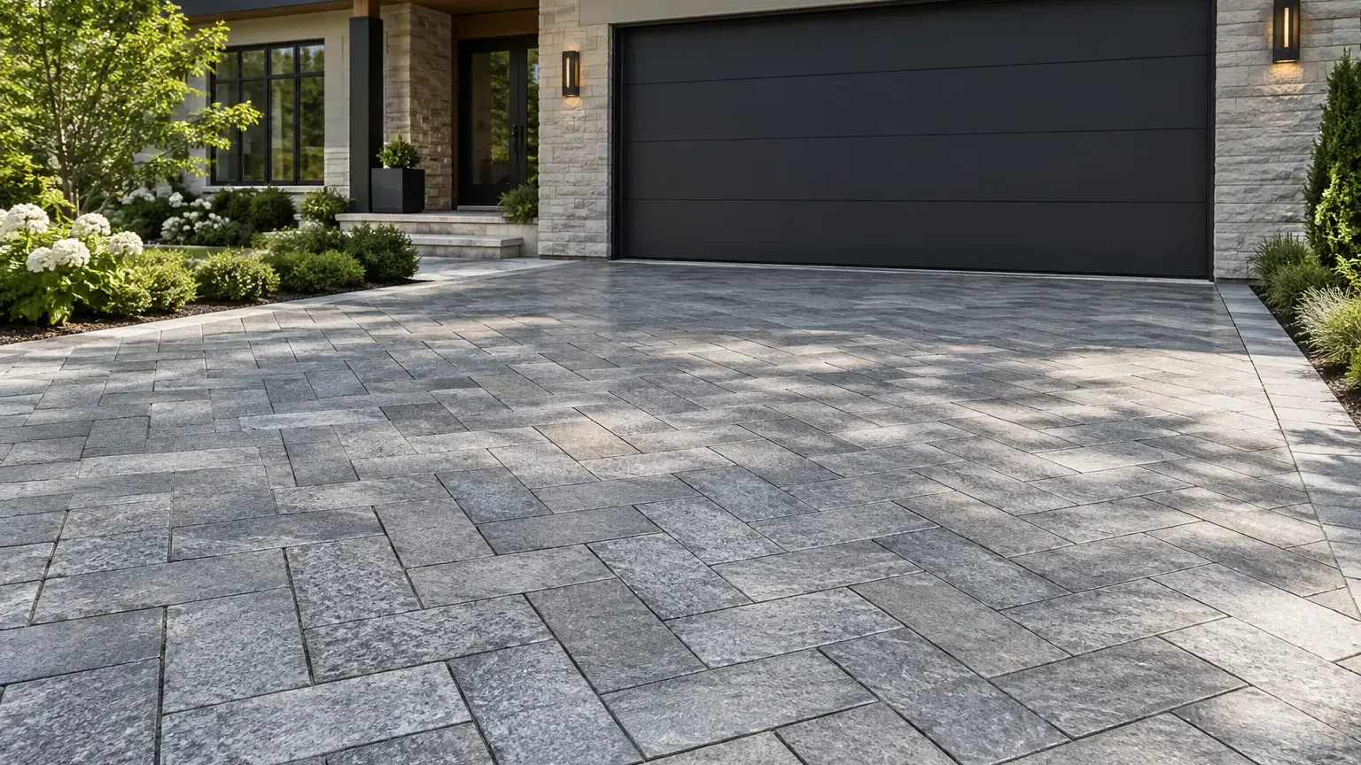 Conceptual rendering of granite paver driveway in a herringbone pattern.