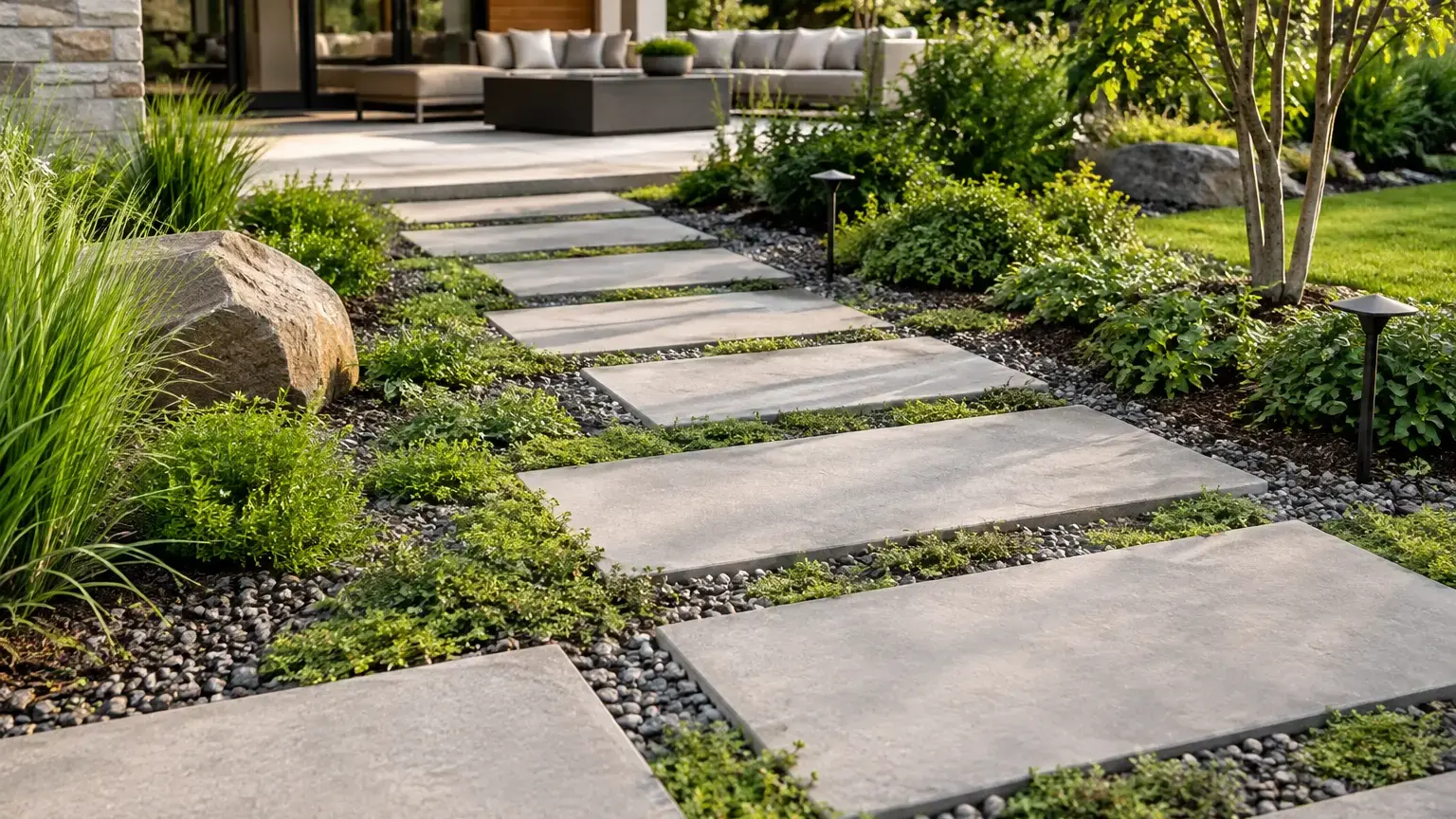 Conceptual rendering of floating pavers through gravel and ground cover leading to a modern patio.