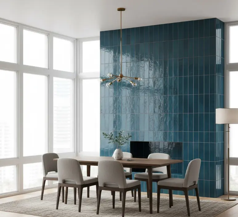 Dining room feature wall made of 4x8 blue subway tiles.