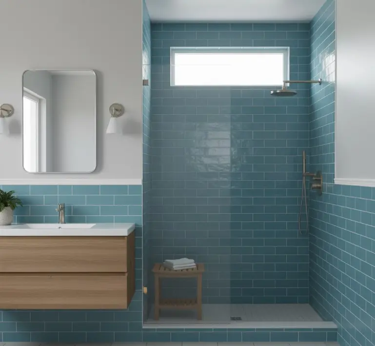 Contemporary bathroom features 4x8 blue subway tiles.