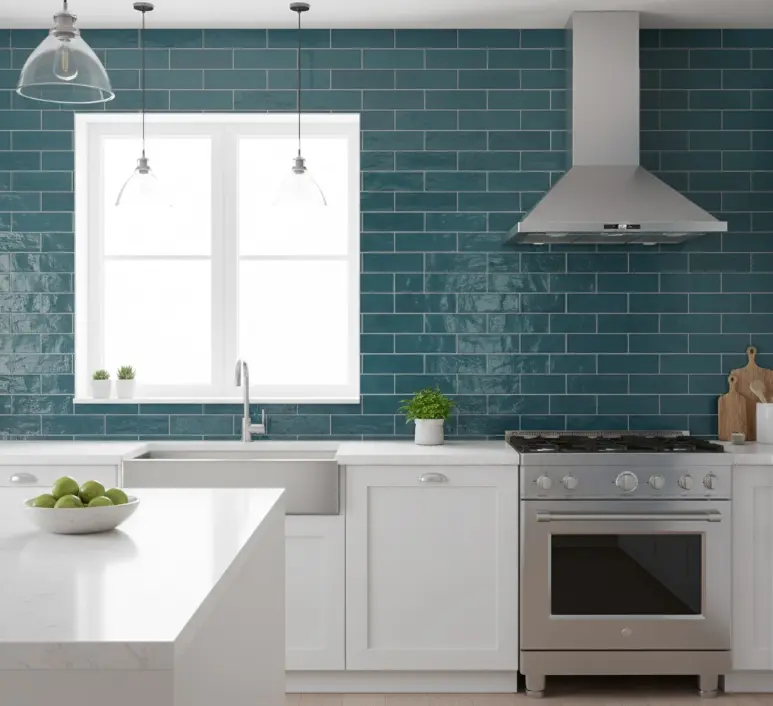 Full-height backsplash made of 4x8 blue subway tiles.