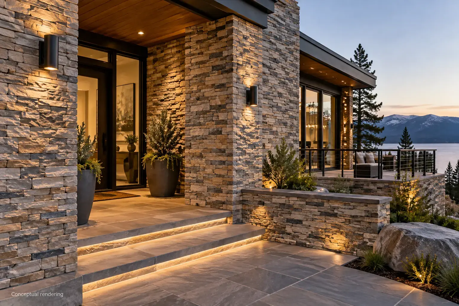 Conceptual rendering of luxury exterior featuring a perfectly installed ledger stone facade.